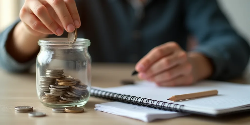 a person is putting a coin into a jar of coins and a notebook with a pencil and a notebook, Andries