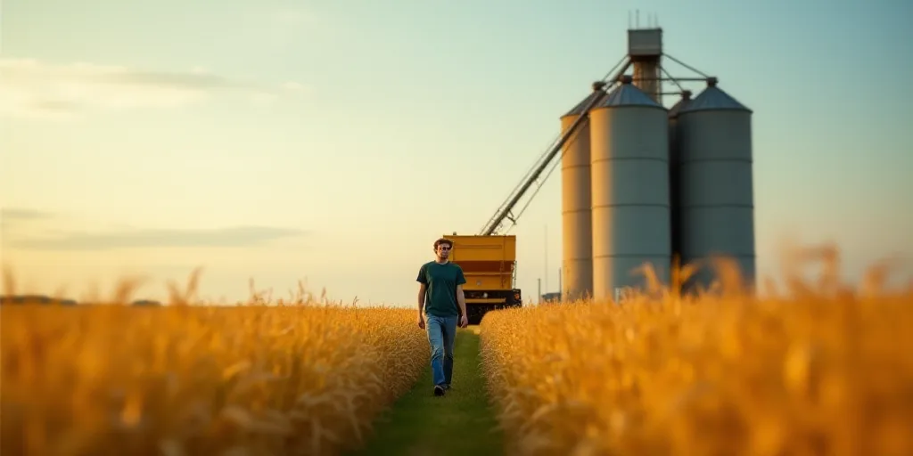 a person is walking near a large grain silo in a field of grass and a yellow machine is in the backg
