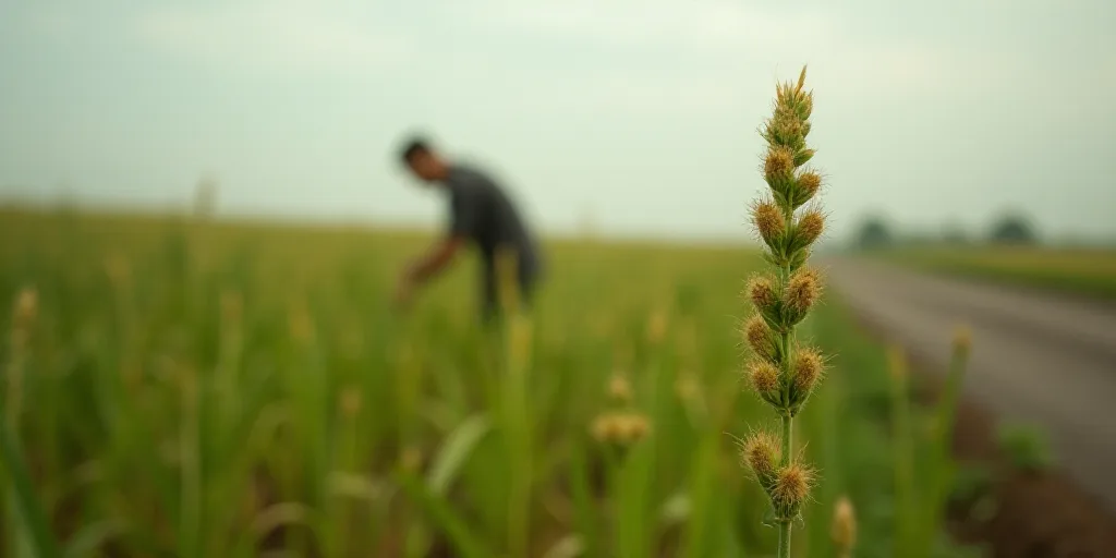 a person is working in a field with a plant in the foreground and a road in the background, Afewerk