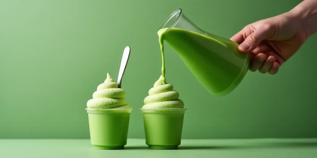 a person pouring green liquid into two cups of ice cream and a spoon in the cup with the liquid, Din