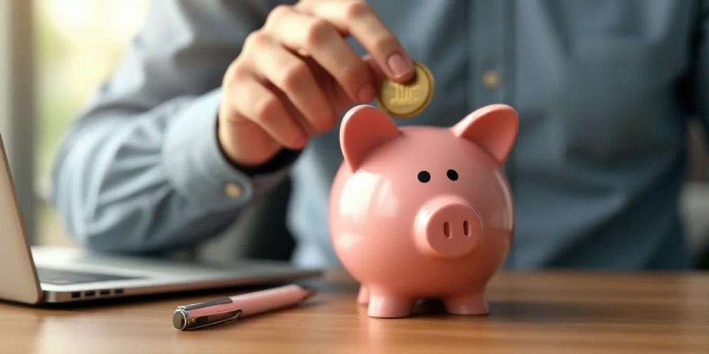 a person putting a coin into a piggy bank on a table with a laptop and a pen in front of them, Andri