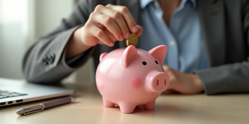 a person putting a coin into a piggy bank on a table with a laptop and a pen in front of them, Andri