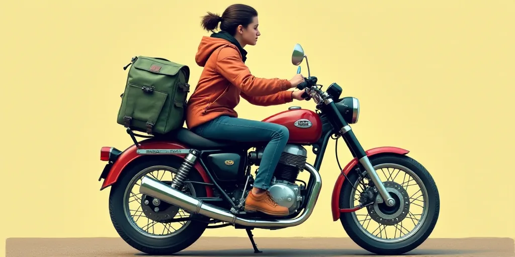 a person sitting on a motorcycle with a book and a backpack on it's back and a logo on the back of t