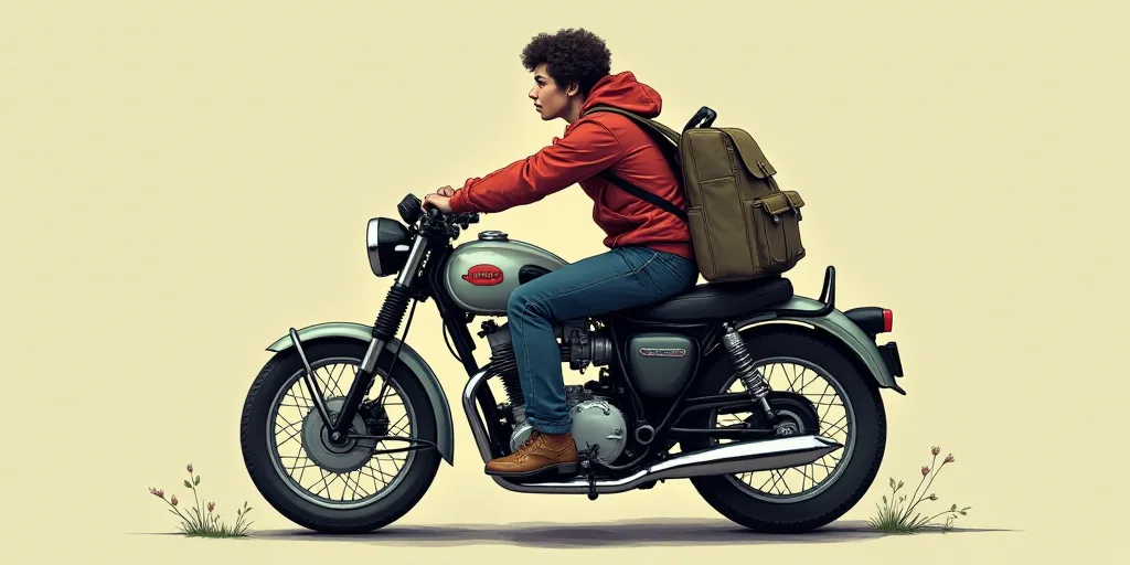 a person sitting on a motorcycle with a book and a backpack on it's back and a logo on the back of t