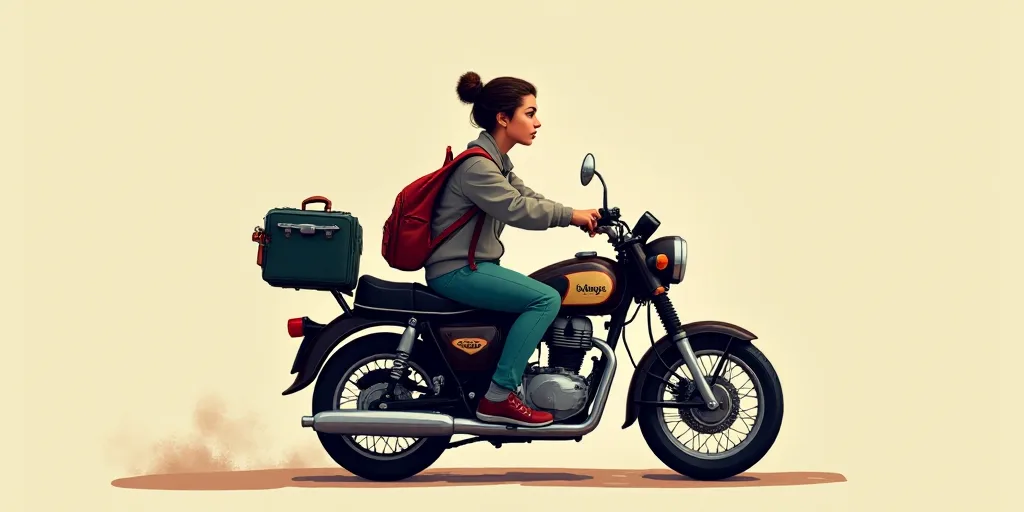 a person sitting on a motorcycle with a book and a backpack on it's back and a logo on the back of t