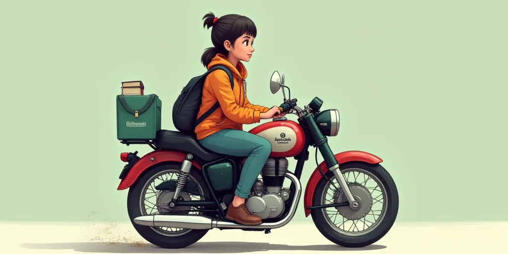 a person sitting on a motorcycle with a book and a backpack on it's back and a logo on the back of t
