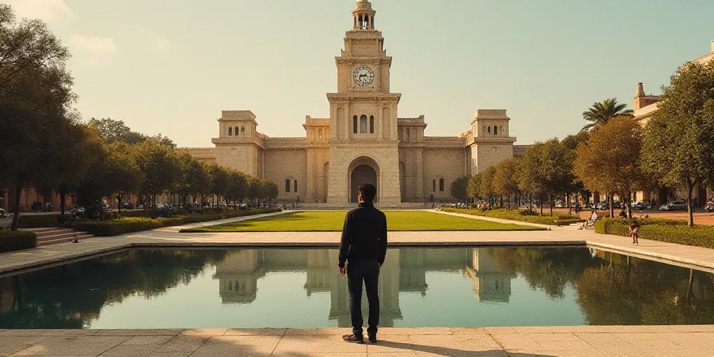 a person standing in front of a large building with a clock tower in the background and a pond in fr