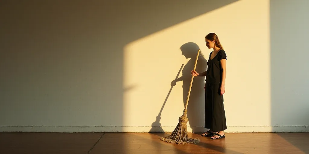 a person standing next to a broom and a shadow of a person on the wall behind them with a broom, Eli