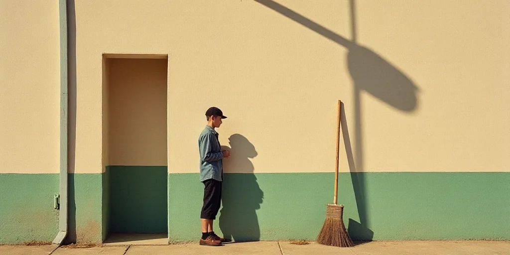 a person standing next to a broom with a shadow of a person on it on the side of a building, Elizabe