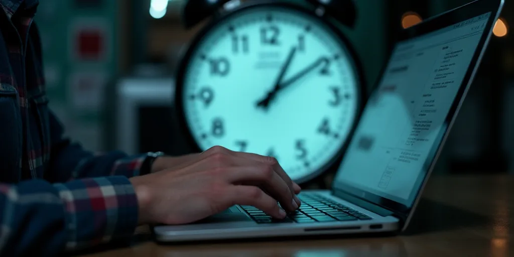 a person typing on a laptop in front of a clock with hands on it and a hand on the keyboard, Évaris