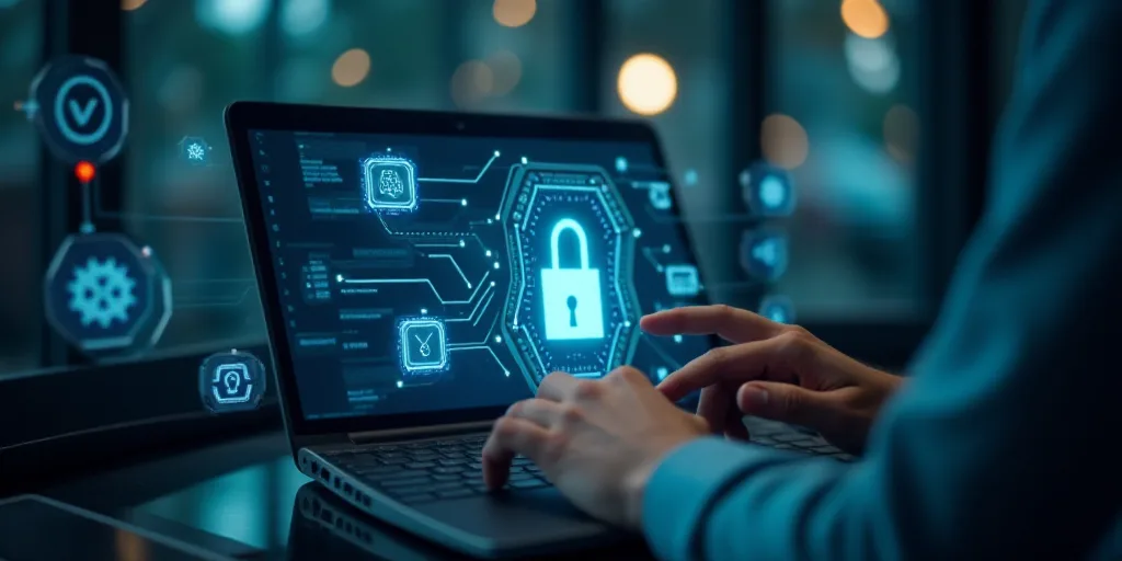 a person typing on a laptop with icons coming out of it and a lock on the keyboard in the background