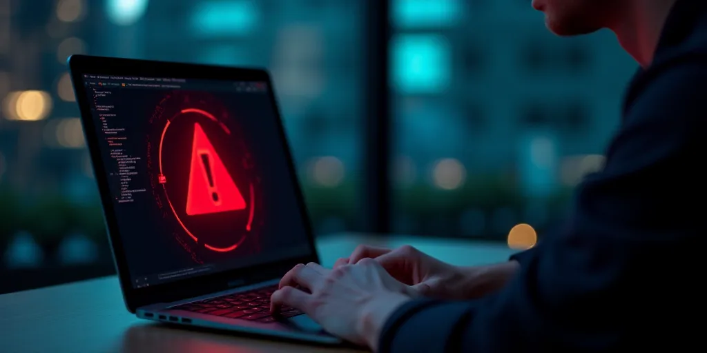 a person using a laptop with a red warning symbol on the screen and a red warning symbol on the scre