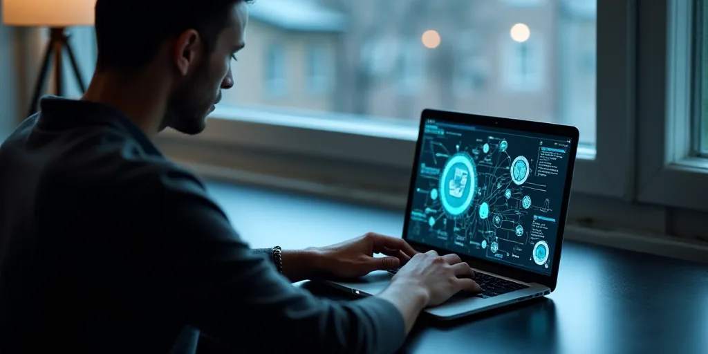 a person using a laptop with a social network on the screen and icons above them on a table in front