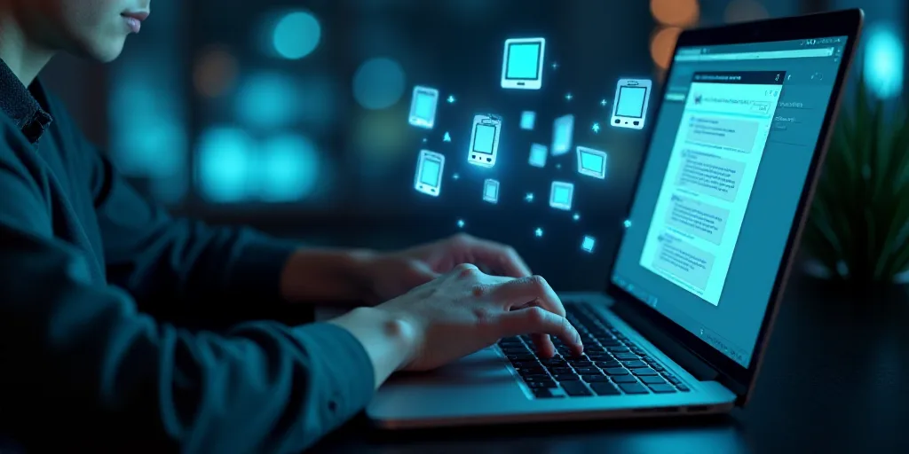 a person using a laptop with chat icons coming out of the screen and a person typing on the keyboard