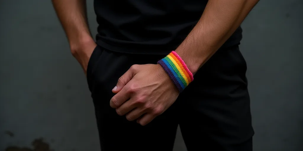 a person wearing a rainbow bracelet with a black background and a gray wall behind them, with a hand