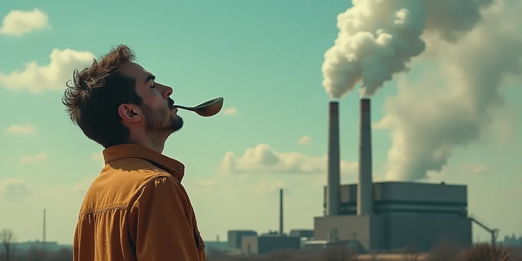 a person with a spoon in their mouth and a factory in the sky above them with smoke coming out of it