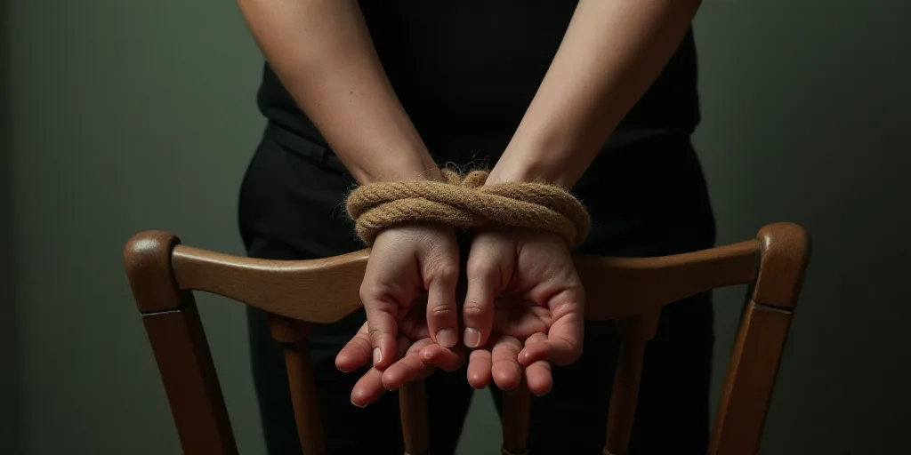 a person with their hands tied up with a rope and a chair in the background with a person sitting in