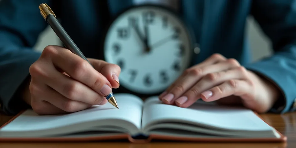 a person writing on a notebook in front of a clock with a pen and paper in front of them, Andries St