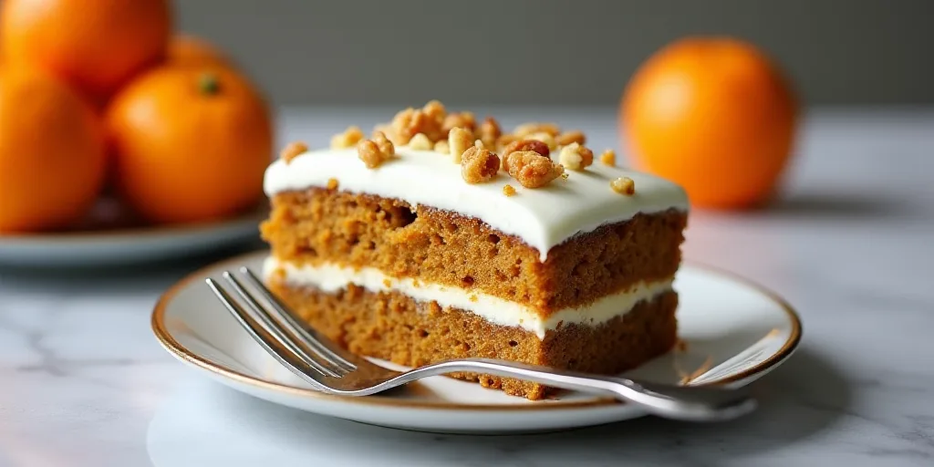 a piece of carrot cake with white frosting and nuts on a plate with a fork and a plate of oranges, B