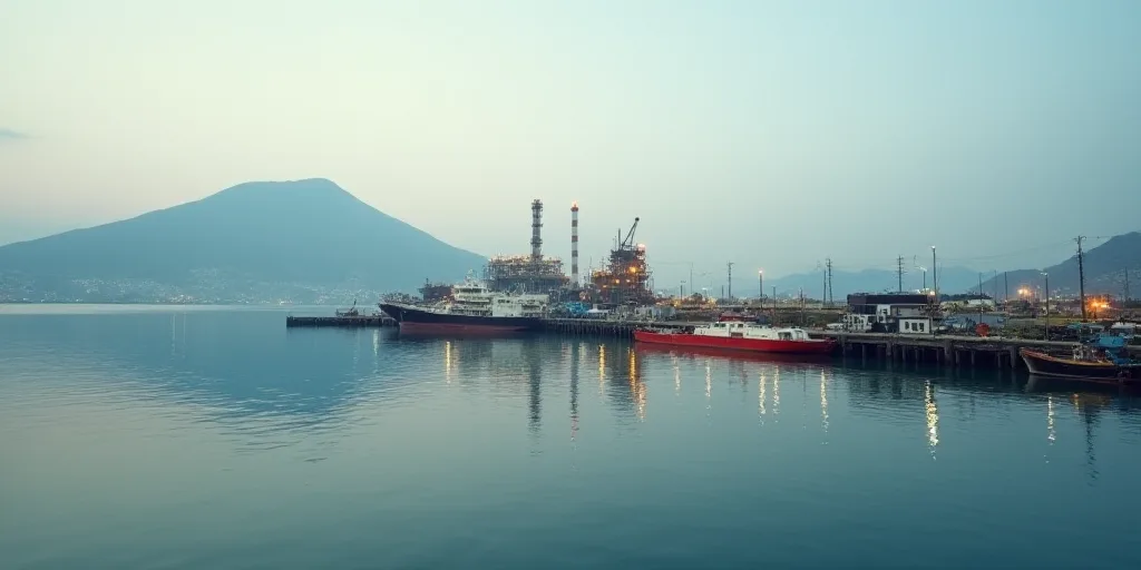 a pier with a few boats parked on it and a large oil storage plant in the background with a mountain