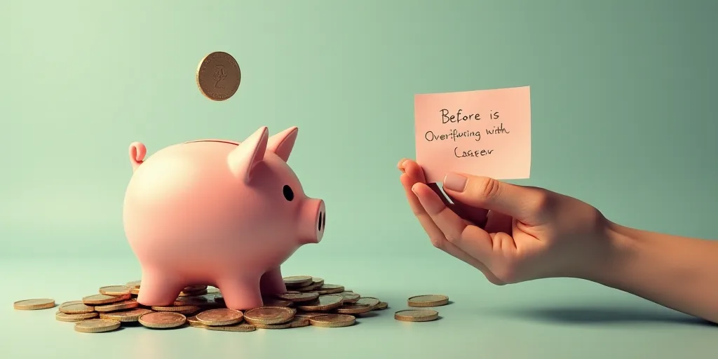 a piggy bank with a note that says before it is overflowing with coins and a person holding a piggy