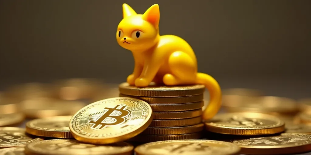 a pile of bitcoins with a yellow cat on top of them and a bitcoin on the bottom, Andries Stock, 16k,