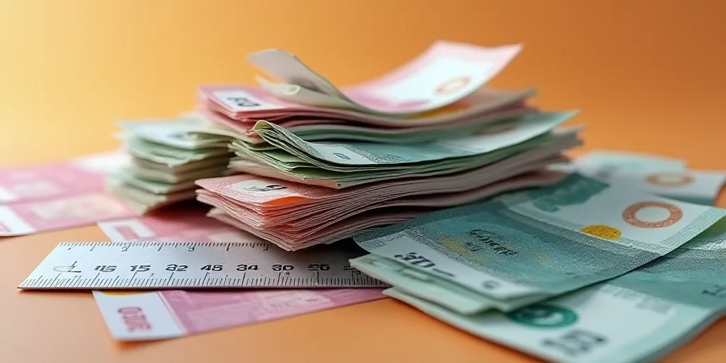 a pile of different colored bills sitting on top of each other on a table top with a ruler in front