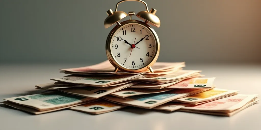 a pile of different currency sitting on top of each other on a table top with a clock on it, Évaris