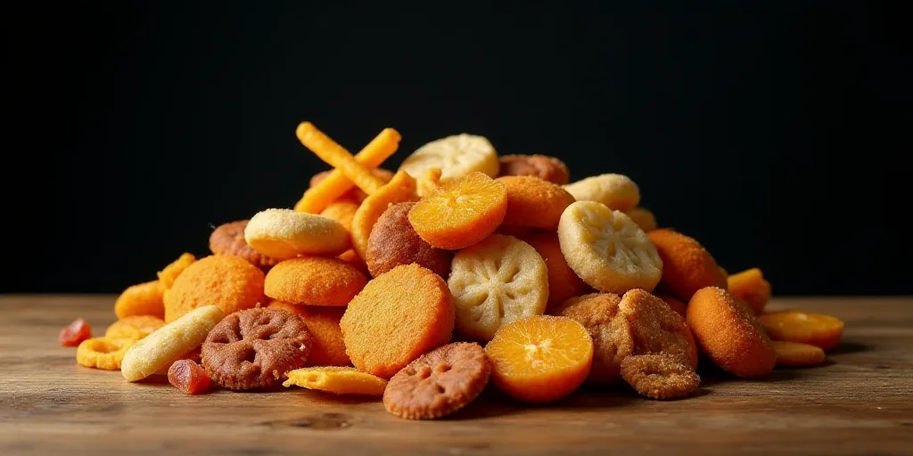 a pile of different types of snacks on a table top with a black background behind it and a wooden ta