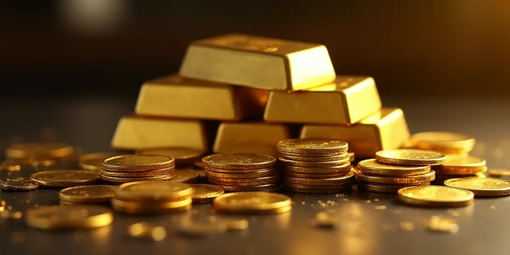 a pile of gold bars sitting next to stacks of gold coins and stacks of gold coins on a table, Enguer