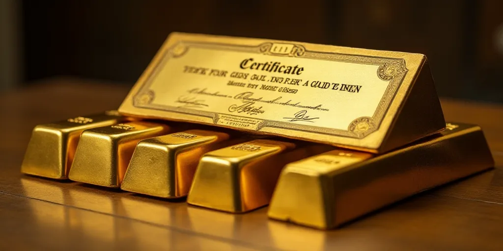 a pile of gold bars sitting next to each other on top of a table with a certificate on top of them,
