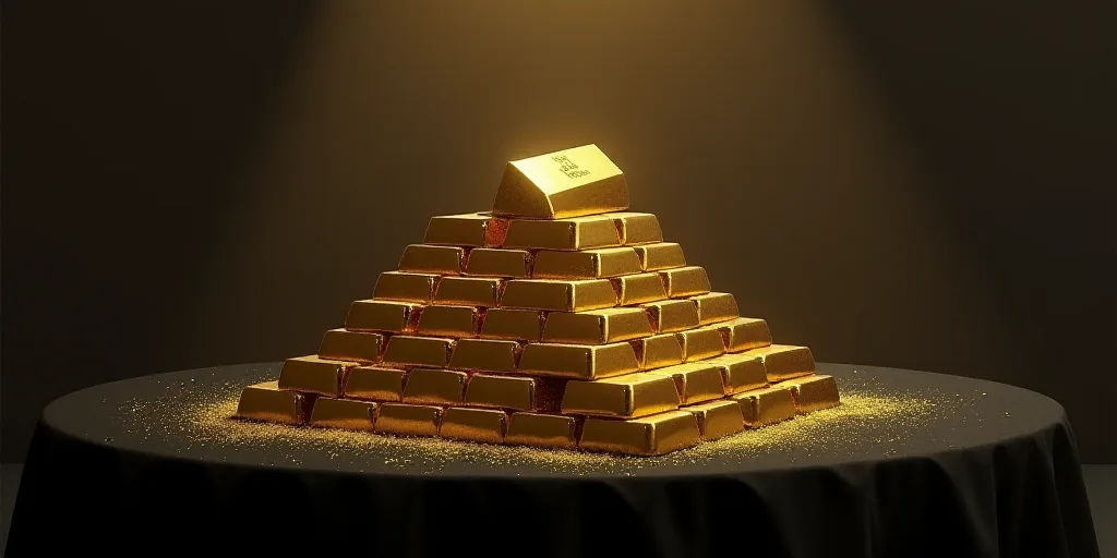 a pile of gold bars sitting on top of each other on a table in a room with a black table cloth, Andr