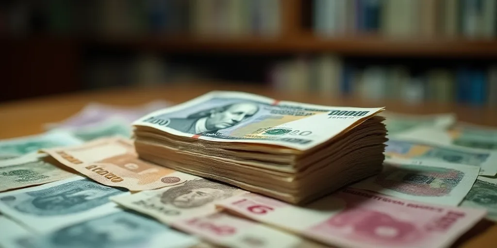 a pile of money sitting on top of a table covered in money bills and currency notes, with a blurry b
