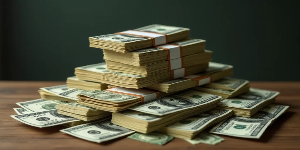 a pile of money sitting on top of each other on top of a table next to a pile of other money, Adam S