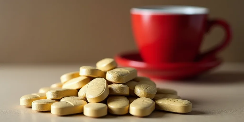 a pile of pills sitting on top of a table next to a red cup of coffee and a red cup, Aquirax Uno, pr