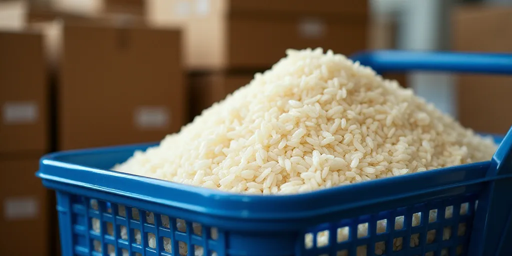 a pile of rice sitting on top of a blue cart in a store next to a pile of boxes, Aya Goda, heavy gra