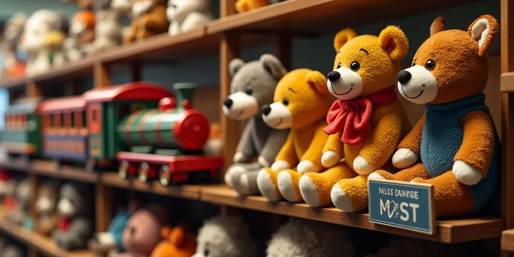 a pile of stuffed animals sitting on top of a shelf in a store next to a toy train and a sign, disne