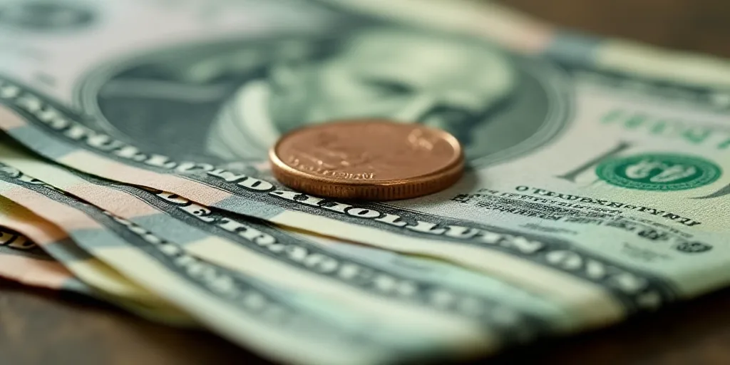a pile of twenty dollar bills with a penny on top of it and a coin on the bottom of the bills, Avgus