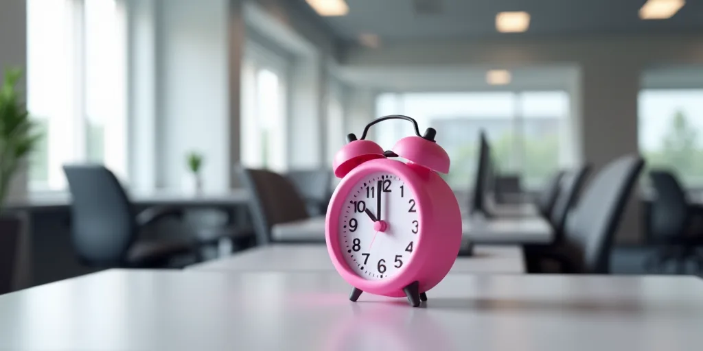 a pink alarm clock sitting on top of a table in an office building with desk chairs and desks, Évar