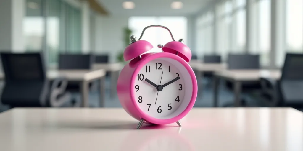 a pink alarm clock sitting on top of a table in an office building with desk chairs and desks, Évar
