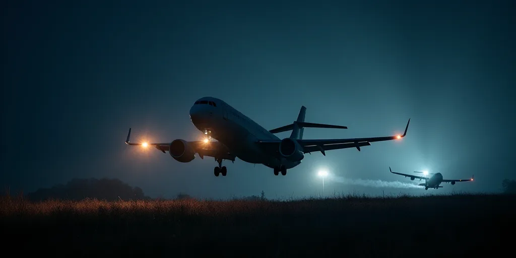a plane is flying over a field at night time with lights on it's wings and a plane in the background