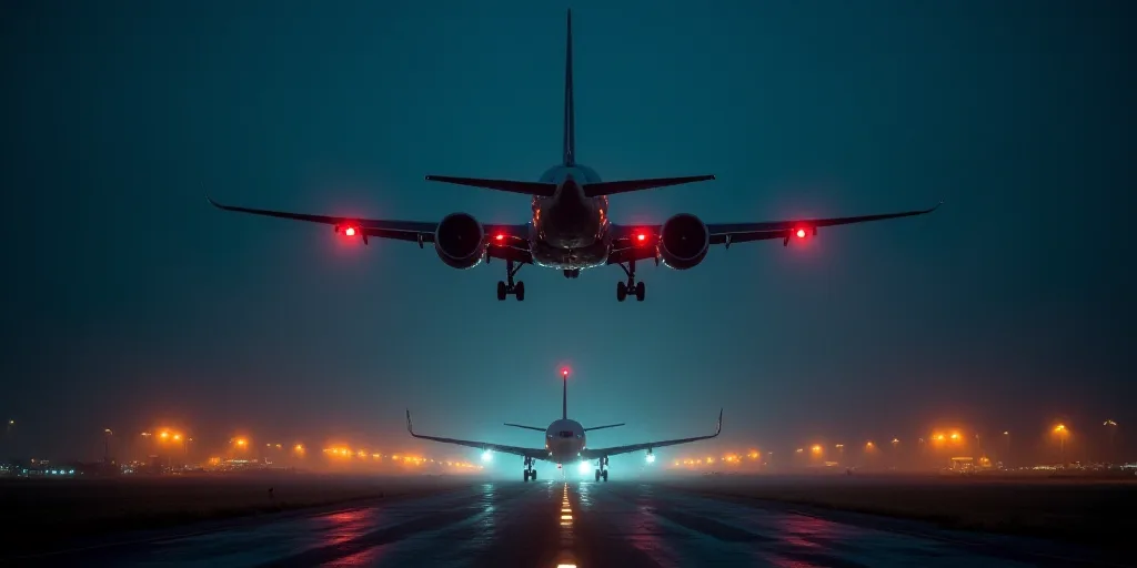 a plane is flying over a runway at night time with lights on it's wings and a plane in the backgroun