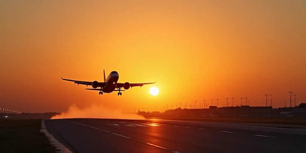 a plane is taking off from an airport runway at sunset or dawn with the sun setting behind it and th