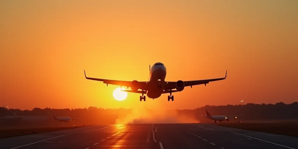a plane is taking off from an airport runway at sunset or dawn with the sun setting behind it and th