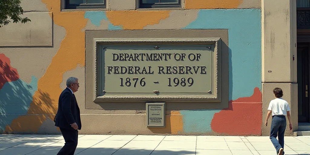 a plaque on the side of a building that says department of the federal reserve, 1876 - 1989 on it, D
