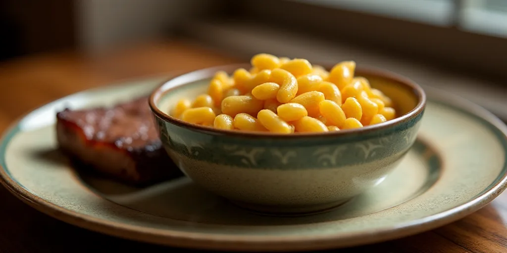 a plate of food with a bowl of macaroni and cheese on it and a piece of meat, Allen Tupper True, pro