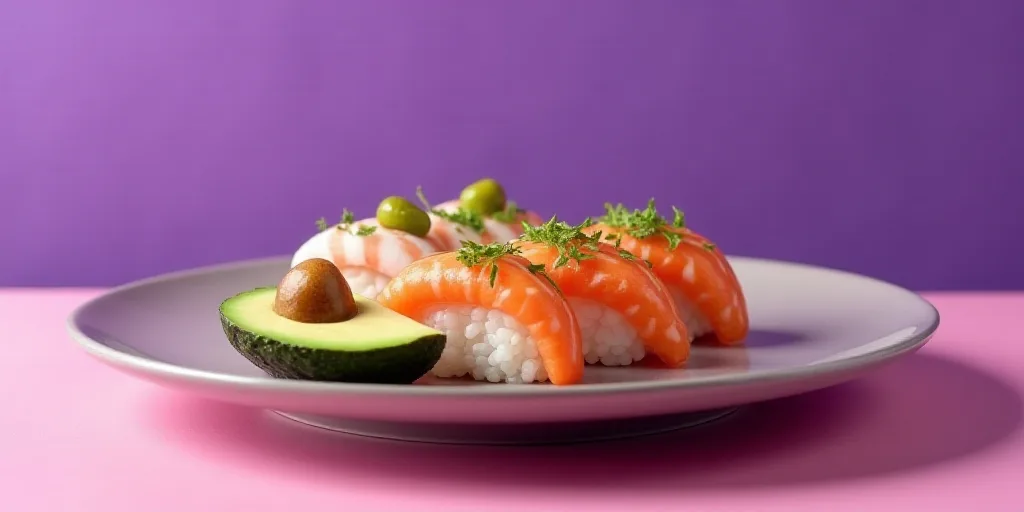 a plate of food with sushi and avocado on it on a table with a purple wall, Charles Roka, lostfish,
