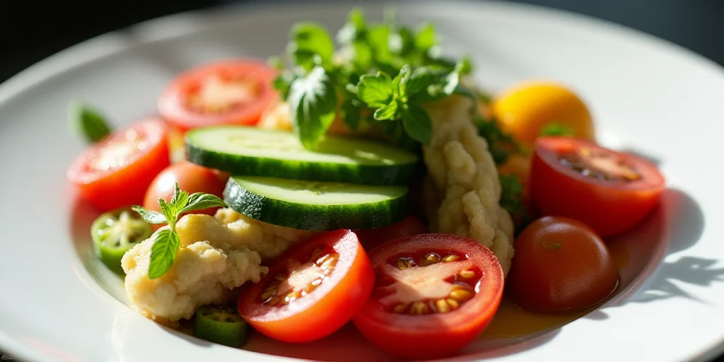 a plate of food with tomatoes, cucumbers, and other vegetables on it, on a white plate, Delaunay, pr