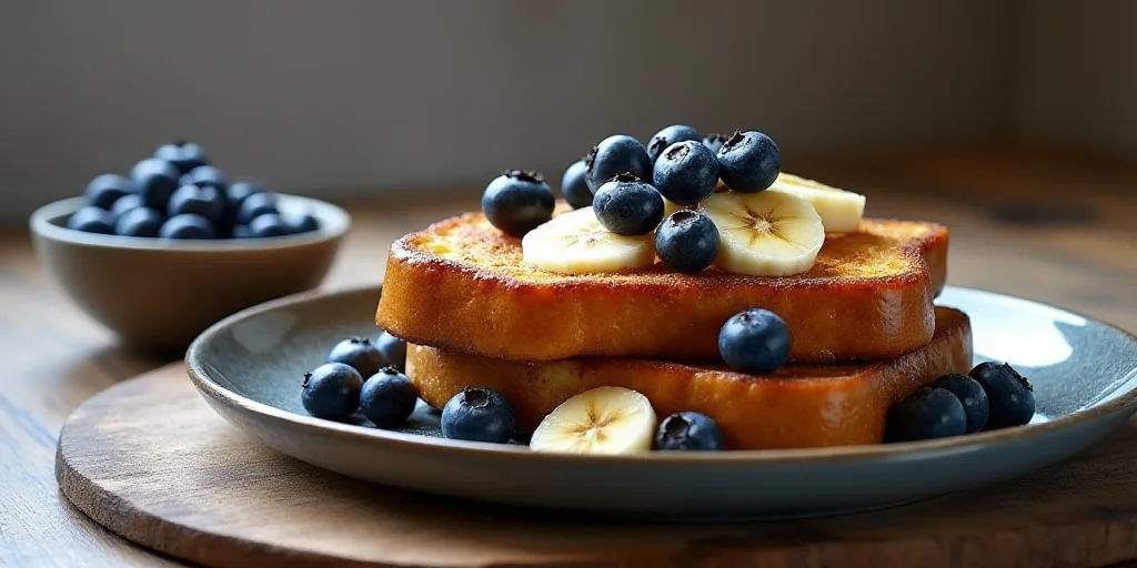 a plate of french toast with blueberries and bananas on top of it and a bowl of berries and a bowl o