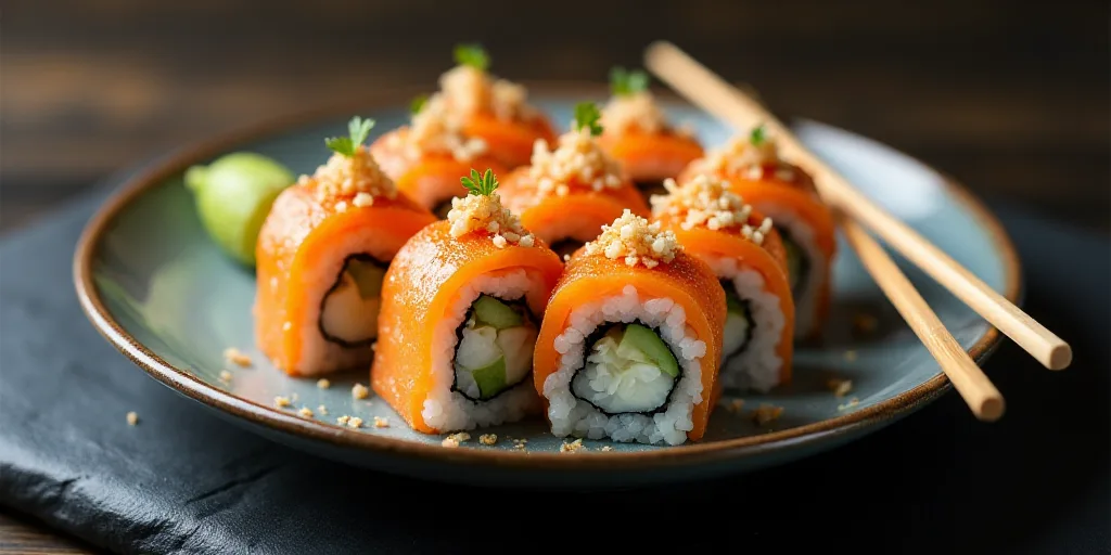 a plate of sushi with chopsticks and a fork on the side of the plate is a sushi roll, Aya Goda, prof
